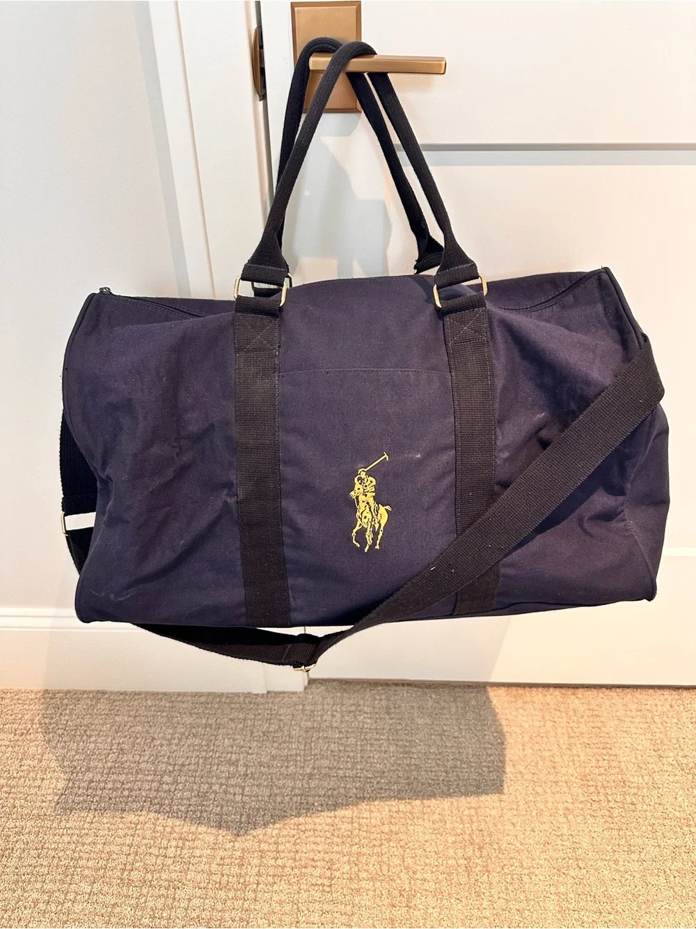 Polo by Ralph Lauren Navy Canvas Duffel Bag with Yellow Logo (VINTAGE)
